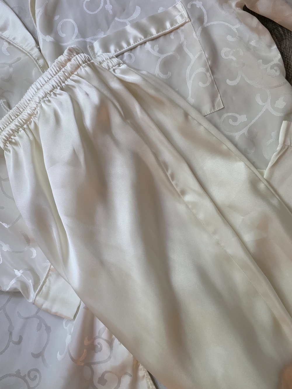 Jaclyn Smith Satin Ivory Button-Up Pajama Top And Pants with Subtle Jacquard - Picture 4 of 4